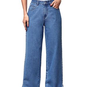 กางเกงยีนส์เดนิมทรงขากว้างประดับมุกสไตล์วินเทจรักษ์โลกสำหรับผู้หญิง เอวกลาง ทรงตรง ผ้าฝ้าย ทรงปกติ - Product Image 3