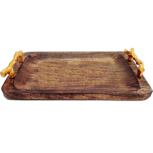Best Selling Hotel Ware Food <b>Snacks</b> Serving <b>Tray</b> Elegant Wooden Serving <b>Tray</b> With Golden Accent Handle And Flower Design On-Sale - Product Image 6