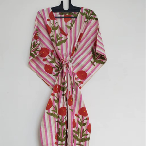 Ropa de Dormir Talla Grande, Estilo Coreano, Kaftán para Mujer con Mangas, Estampado Floral, Hecho a Mano, de Algodón, Ligero, Estilo Boho, para la Playa - Product Image 1