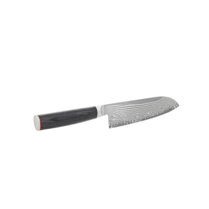 Couteaux de cuisine Santoku à lame ondulée argentée avec manche cylindrique noir et bordure rouge pour hacher, trancher et couper en dés les légumes - Product Image 4