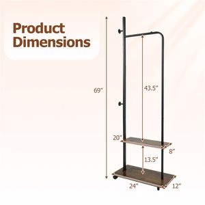 Appendiabiti Industriale Autoportante con 2 Ripiani in Legno e Ganci, Carrello Portabiti con Ruote per Camera da Letto e Ingresso - Product Image 4