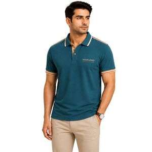 Premium Teal Blue Mens <b>Polo</b> Shirt With Beige And <b>Orange</b> Contrast Collar Shoulder Line And Sleeve Trim Custom Logo Short Sleeve - Product Image 1