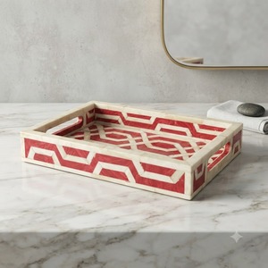 Bandeja Decorativa Rectangular de Resina con Diseño Geométrico Art Deco, con Asa Hecha a Mano en Rojo y Crema, para Decoración Moderna del Hogar y Cumpleaños - Product Image 1