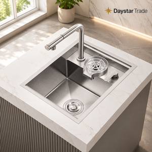 Évier de cuisine rectangulaire Daystar Trade en acier inoxydable moderne à cuve unique, à encastrer sous plan, surface brossée, avec robinet fait main à quatre trous - Product Image 3