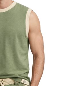 Ensemble débardeur sans manches vert et short assorti pour homme, tenue décontractée d'été en coton, short à cordon de serrage avec bordure contrastée, ensemble deux pièces - Product Image 3
