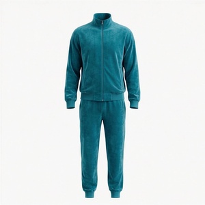 Survêtement unisexe en velours vert sarcelle, fermeture éclair intégrale, col montant, molletonné, décontracté, couleur unie, poches latérales, pour l'automne - Product Image 1
