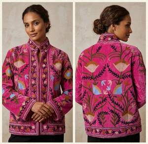 Veste matelassée vintage en velours rose faite à la main pour femmes, avec broderie florale, col mandarin, manches longues en coton, vêtement d'extérieur - Product Image 3