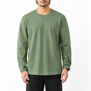 Camiseta de Manga Larga para Hombre, Color Verde Sólido, Cuello Redondo, Corte Regular, Estilo Casual, Tejido de Punto - Product Image 1