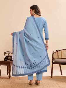 Full Sleeves Indian Ethnic Wear Regular Fit Casual Party Wear Set 100% Cotton <b>Women</b> Traditional <b>Kurta</b> Pant Dupatta Set - Product Image 3