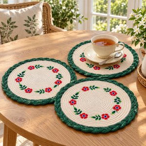 Napperon Bohème Personnalisable en Jute 100% Écologique de 10 Pouces, Motif Floral Rouge Peint à la Main, Bordure Tressée Verte, Vente en Gros - Product Image 6