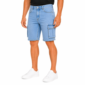 Men's Light Wash Denim Cargo Shorts Mid Waist Multi Pocket Casual Streetwear Summer Style Breathable Quick Dry Woven Cotton 340g - Product Image 2