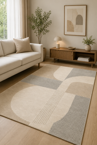 Alfombra de Lana Hecha a Mano para Sala de Estar, Estilo Escandinavo Japandi Minimalista, Beige Crema Gris, Geométrica, de Lujo y Diseño - Product Image 4