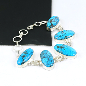925 Sterling Silver Magnesite Turquoise Link <b>Bracelet</b> Handcrafted Natural Opaque Gemstone Oval <b>Stone</b> Chain <b>Bracelet</b> Jewelry - Product Image 2
