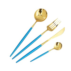 Juego de cubiertos de acero inoxidable de primera calidad, color azul dorado, chapado en oro, juego de cubiertos, cuchillo, tenedor y cuchara a un precio excelente. - Product Image 1