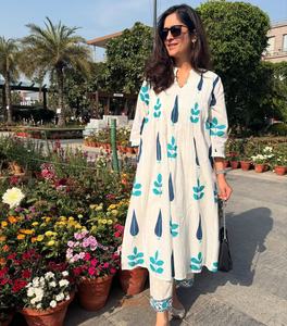 Conjunto de Salwar Kameez Tradicional para Mujer en Blanco y Azul, Tela de Algodón Puro, Bolsillos Laterales, Secado Rápido, para Todas las Temporadas, Adulto - Product Image 2