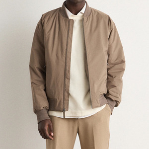 Men's Beige Bomber <b>Jacket</b> Solid Color Stand Collar Zipper Closure Casual Autumn Wear Regular Fit Polyester Canvas Material - Product Image 4
