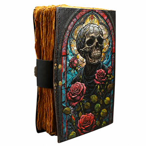 NEW ERA Leather Hardcover Gothic Skull Lover <b>Diary</b> Stained Glass Rose Design Vintage Deckle Edge Thread Sewing 100 Sheets Gift - Product Image 2