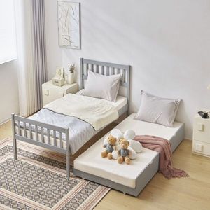 Single Gray Twin Wooden Bunk Bed with Pine Particle Drag Bed for Kids - Product Image 2