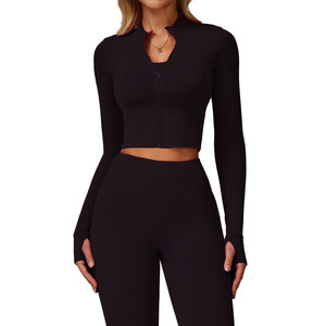 Outdoor Running Zip-Up Yoga <b>Jacket</b> Women Long-Sleeve <b>Workout</b> Tops Breathable Quick Dry Nylon Spandex Front Logo Thumb Hole Stand - Product Image 1
