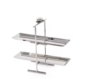 Support à gâteau rectangulaire moderne à 2 niveaux en acier inoxydable, plateau de présentation de pâtisserie et desserts en métal, support de service à buffet et traiteur à étages - Product Image 1