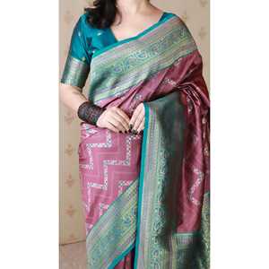 Sari de Seda Suave Rosa Coral Banarasi con Tejido Zigzag Meenakari Zari, Elegante para la Noche - Product Image 5