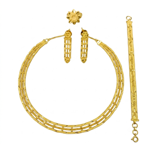 Conjunto de Collar y Pendientes de Latón Chapado en Oro para Mujer con Cadena de Caja y Diseño Floral, Estilo Clásico, Joyería de Boda - Product Image 2