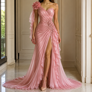 Vestido de Noche Rosa de Lujo con un Hombro Descubierto, Apliques Florales Fruncidos, Abertura Alta, Ajustado, de Gasa, Largo hasta el Suelo, para Fiesta o Boda - Product Image 3