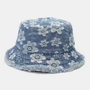 Unisex Floral Denim Bucket Hat Cotton <b>Yarn</b> Hand Embroidery Washed Casual Spring Summer Adult 56-58CM - Product Image 2