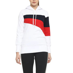Sudadera con Capucha Blanca para Mujer con Bloques de Color Rojo y Azul Marino, Diseño Asimétrico, Manga Larga, para Otoño - Product Image 4