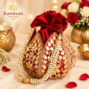 Indian Handmade Embroidered Lotus Decorated Silk Drawstring Potli Bag Women's Wedding Bridal Clutch Purse Evening Party Wear - Product Image 1