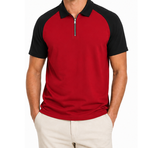 Polo de manga corta para hombre, de alta demanda, con cremallera de un cuarto, estilo raglán, en rojo y negro, transpirable, para golf. - Product Image 1