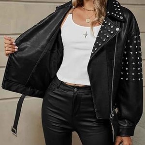 Women Studded Leather <b>Jacket</b> <b>Punk</b> Rock Biker Style Black PU Leather Motorcycle <b>Jacket</b> OEM Custom Wholesale Manufacturer - Product Image 5
