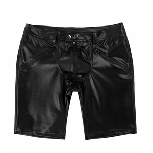 Men's Black PU Coated Bermuda Shorts Mid Waist Zipper Fly Moto Biker Style With Zippers Pockets Breathable Spandex Polyester - Product Image 5