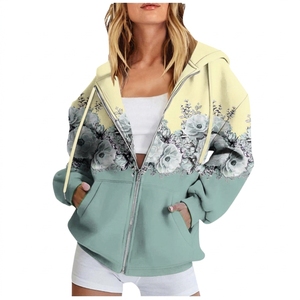 Women's Blue <b>Hooded</b> <b>Zip</b>-Up Sweatshirt Front Sublimation Printed Regular Fit Hip Hop Style 100% Cotton Knitted - Product Image 1