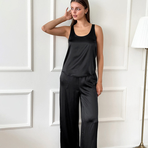 2026 New Black Satin Halter Top Trousers Comfortable Loose Home Wear Women Simple Casual Pajamas Spring <b>Machine</b> Embroidery - Product Image 4