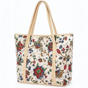 EcoDari Large Waterproof Quilted Cotton Tote <b>Bag</b> Solid Color Blue <b>White</b> Textile Beach Shopping <b>Bag</b> Zipper Closure <b>Hand</b>-painted - Product Image 1