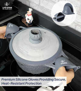 Ensemble de casseroles en granit antiadhésif de qualité supérieure, 10 pièces, avec couvercles à bord en silicone, base compatible induction et gants en silicone inclus - Product Image 3