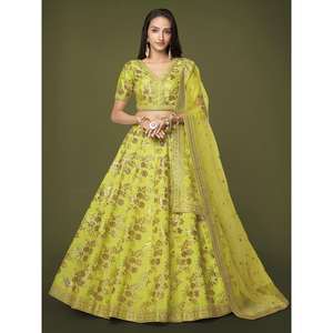 Fascinant néon vert paillettes soie Sangit Wear Lehenga Choli - Product Image 2