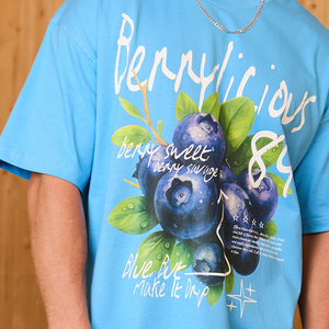 Berrylicious Blueberry Print Streetwear Cotton T-<b>Shirt</b> Regular Fit Printed Tees Clothing Manufacturer Custom <b>Y2K</b> Men's T-<b>Shirts</b> - Product Image 3