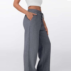Knitted Cotton Loose Fit Autumn Wear Women's High Waist Wide Leg Drawstring Casual <b>Pants</b> Solid Gray Full Length Trousers - Product Image 6