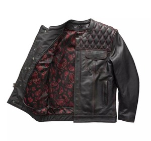 Veste de motard en cuir véritable pour homme, écologique, sans col, design matelassé, fermeture éclair, doublure Paisley, style moto, hiver - Product Image 6