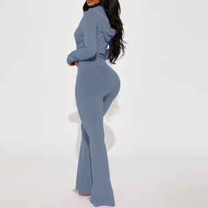 High Quality Women's Blue 2-Piece Knitted Set Long Sleeve Zipper <b>Top</b> Flare Pants Sexy Outfit Solid Color Washed Tracksuit Sets - Product Image 2