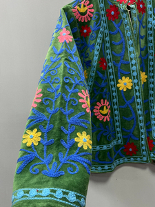 Handmade Velvet Suzani Bomber Jacket Uzbek Floral Embroidery 100% Cotton Velvet Women's All Seasons - Product Image 6