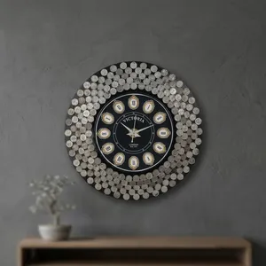 Victoria Handcrafted Wood Wall <b>Clock</b> Analog Quartz for Design <b>Battery</b> Operated Round Black Coin Pattern Huda Handicrafts - Product Image 2