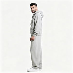 Conjunto Deportivo Informal Premium Moderno en Gris Claro, Holgado y Transpirable, con Sudadera con Cremallera Completa y Pantalones Deportivos Anchos con Cordón Ajustable, Dos Piezas - Product Image 2