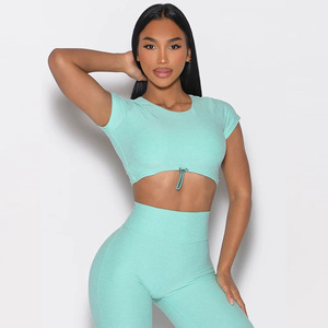 Conjunto Deportivo de 2 Piezas para Mujer, Top Deportivo Amarillo con Tirantes, Pantalones Cortos de Cintura Alta, Espalda Descubierta, Fruncido, Ropa de Yoga y Fitness - Product Image 2