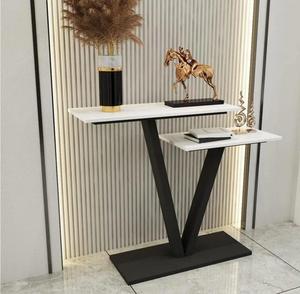 Modern Rectangle Entryway <b>Console</b> <b>Table</b> With White Top And <b>Black</b> Metal V Base Indoor Home Decor Accent Piece - Product Image 2