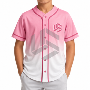 Camiseta de Béisbol Sublimada Personalizada, Talla Grande, Rosa y Blanca, Estampado Geométrico, Cuello en V, Botones, Manga Corta, Unisex, Transpirable, Deportiva - Product Image 1