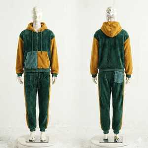 Ensemble de survêtement unisexe en polaire vert et moutarde à capuche, color block, manches longues, décontracté, pour l'hiver et le sport - Product Image 1