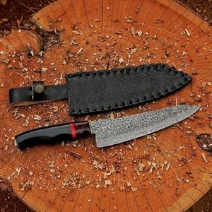 Cuchillo de Chef de Damasco Forjado con Acabado Martillado a Mano, Mango de Resina Roja y Negra, Cuchillo de Cocina, Venta Directa de Fabricante al por Mayor - Product Image 2